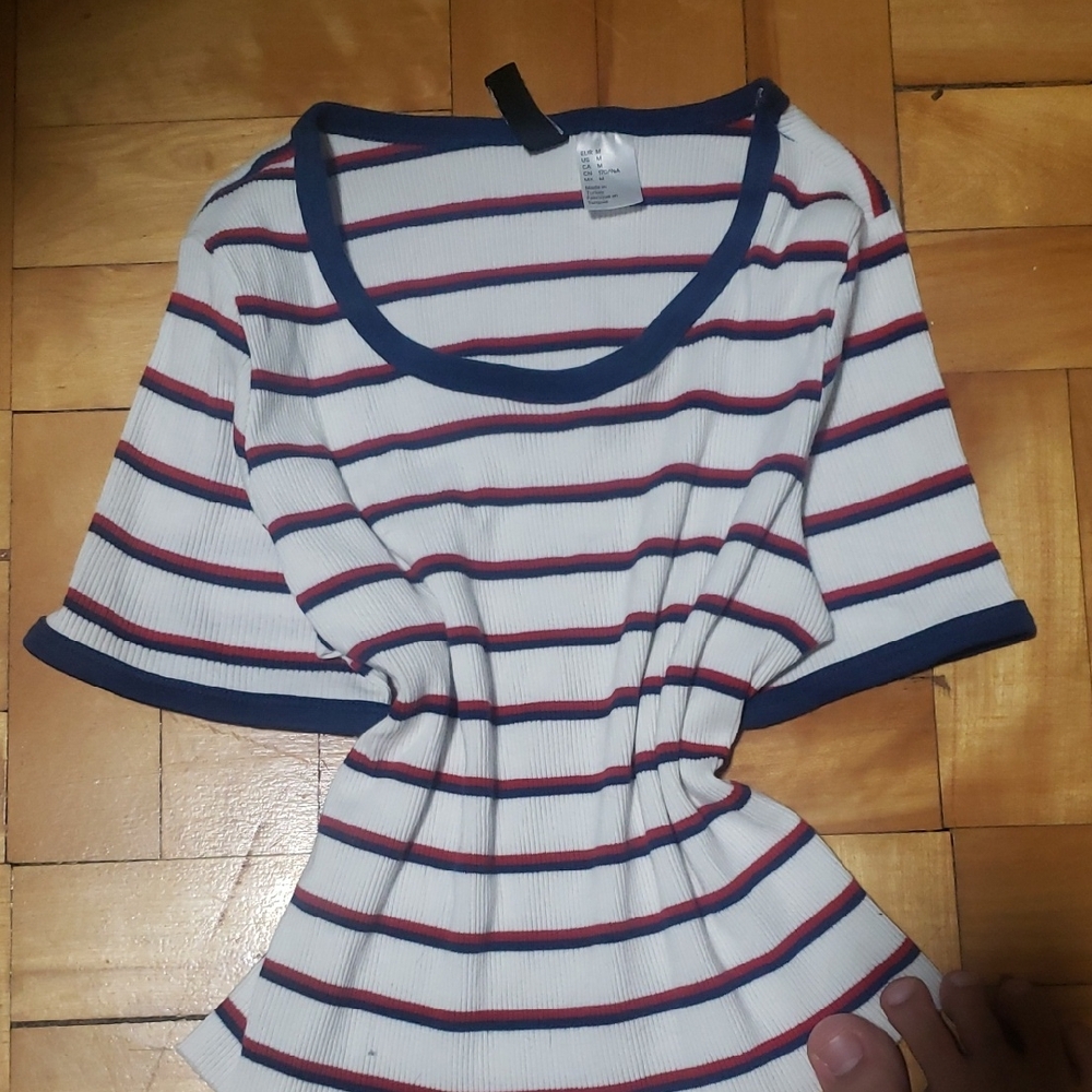 Divided Navy and Red Striped Short Sleeve Top